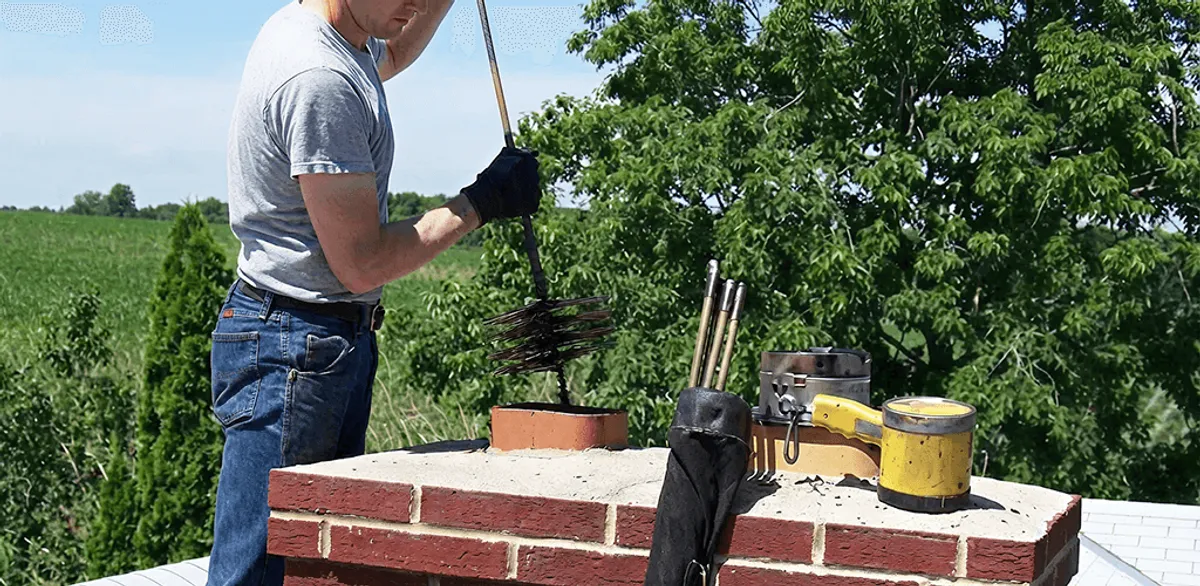 Chimney cleaning technician working on a rooftop chimney with professional tools in San Diego, CA