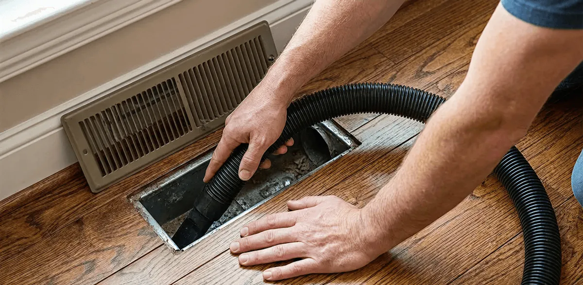 Air duct cleaning technician vacuuming a floor register and duct opening in San Diego, CA