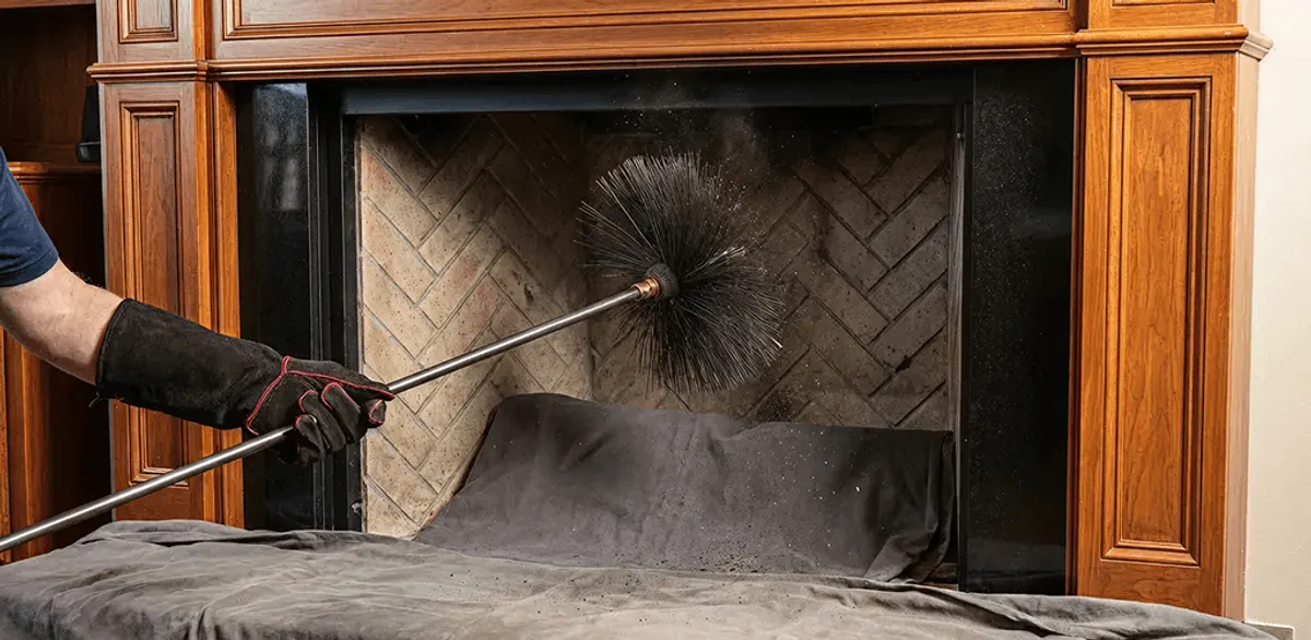 Chimney cleaning service brushing soot from a fireplace and flue in San Diego, CA