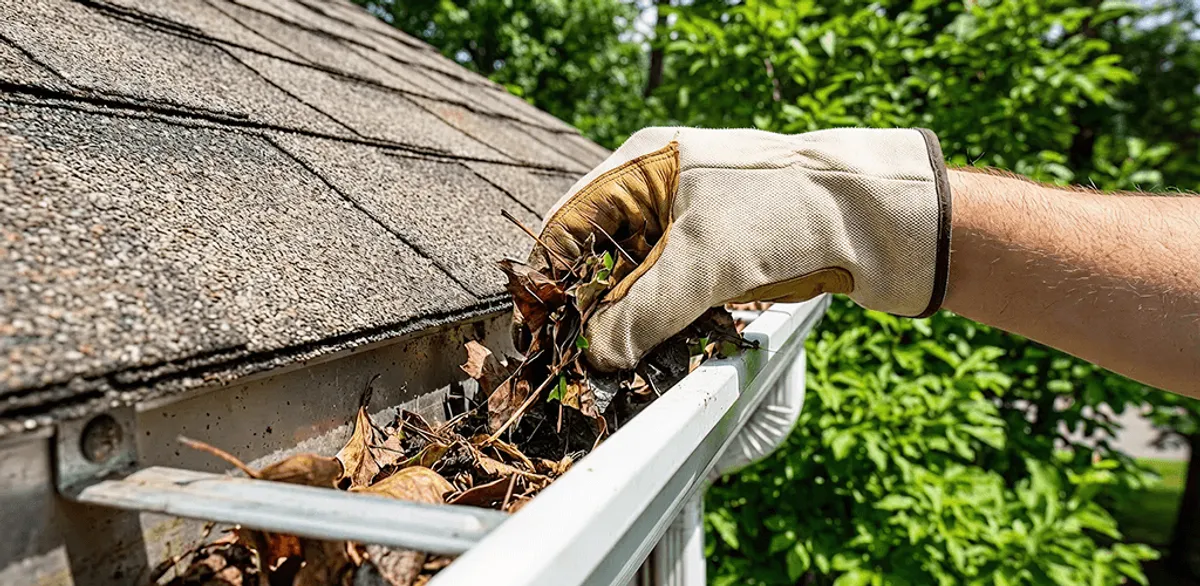 Gutter cleaning removing leaves and debris from roof gutters in San Diego, CA