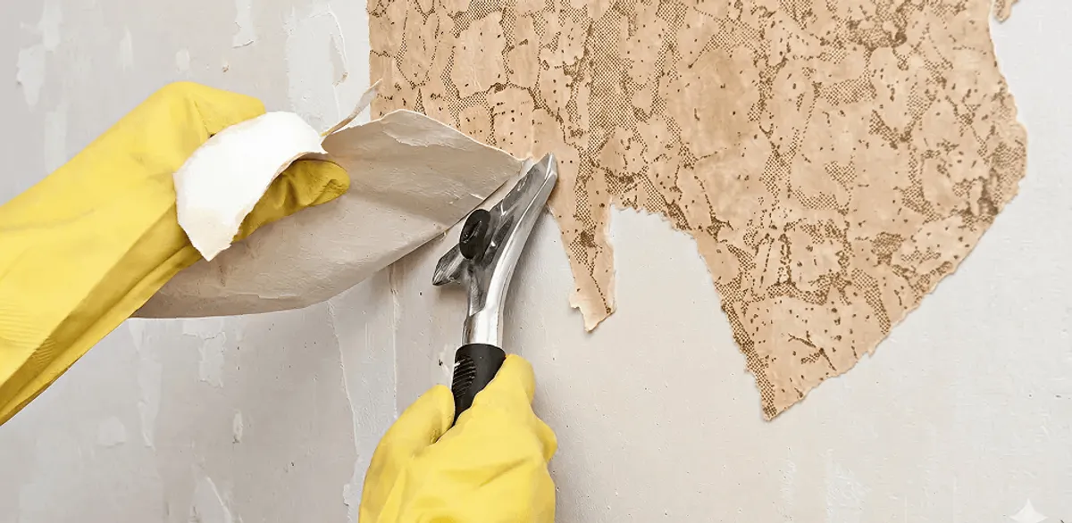 Wallpaper removal service stripping old wallpaper from a wall in San Diego, CA