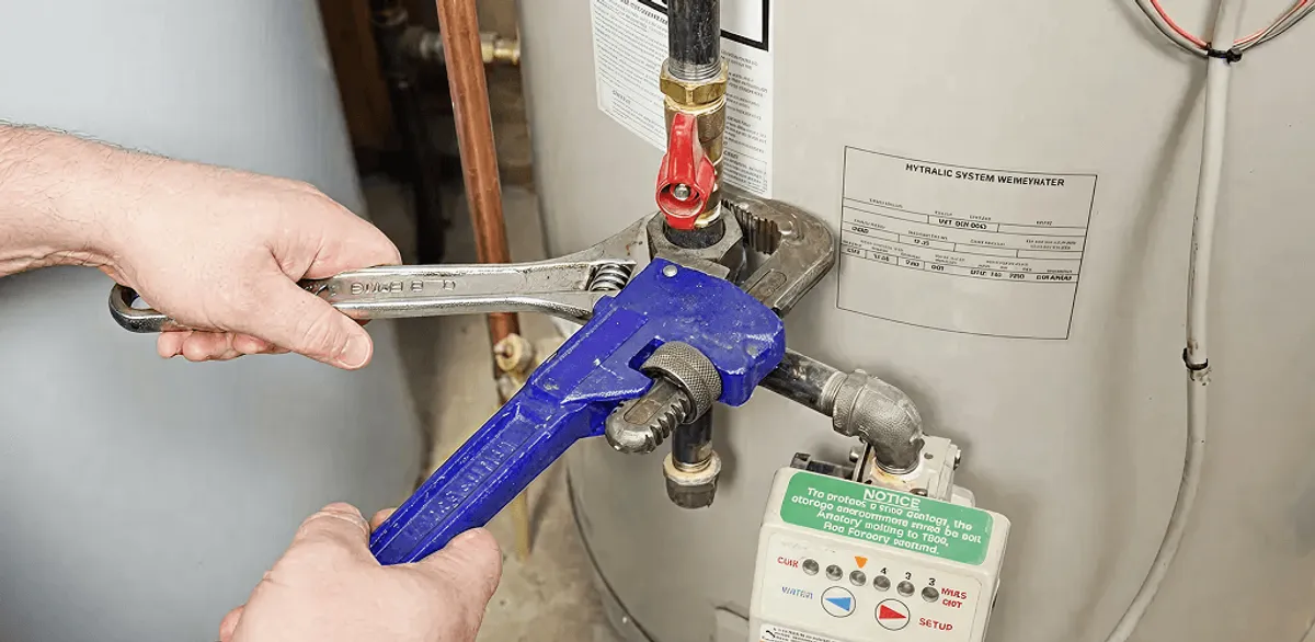 Water heater repair technician tightening the shutoff valve and supply line in San Diego, CA